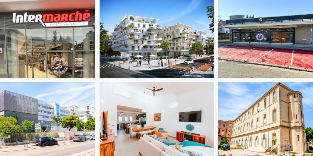 Immobilier à Sainte-Marguerite Marseille 9e – illustration du cadre de vie du quartier avec commerces, résidences modernes, services, équipements et espaces verts du 13009.